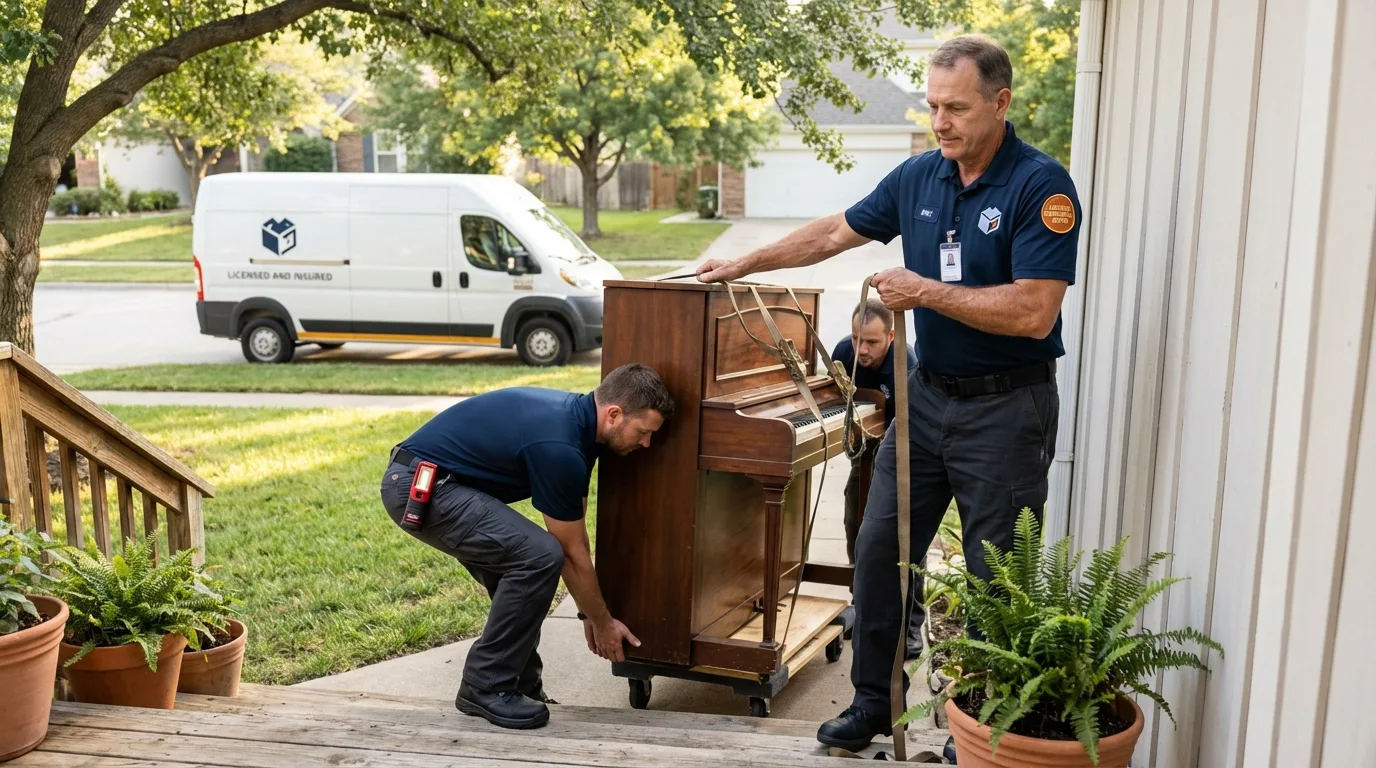 Licensed piano movers securing grand piano in Bellevue, KY