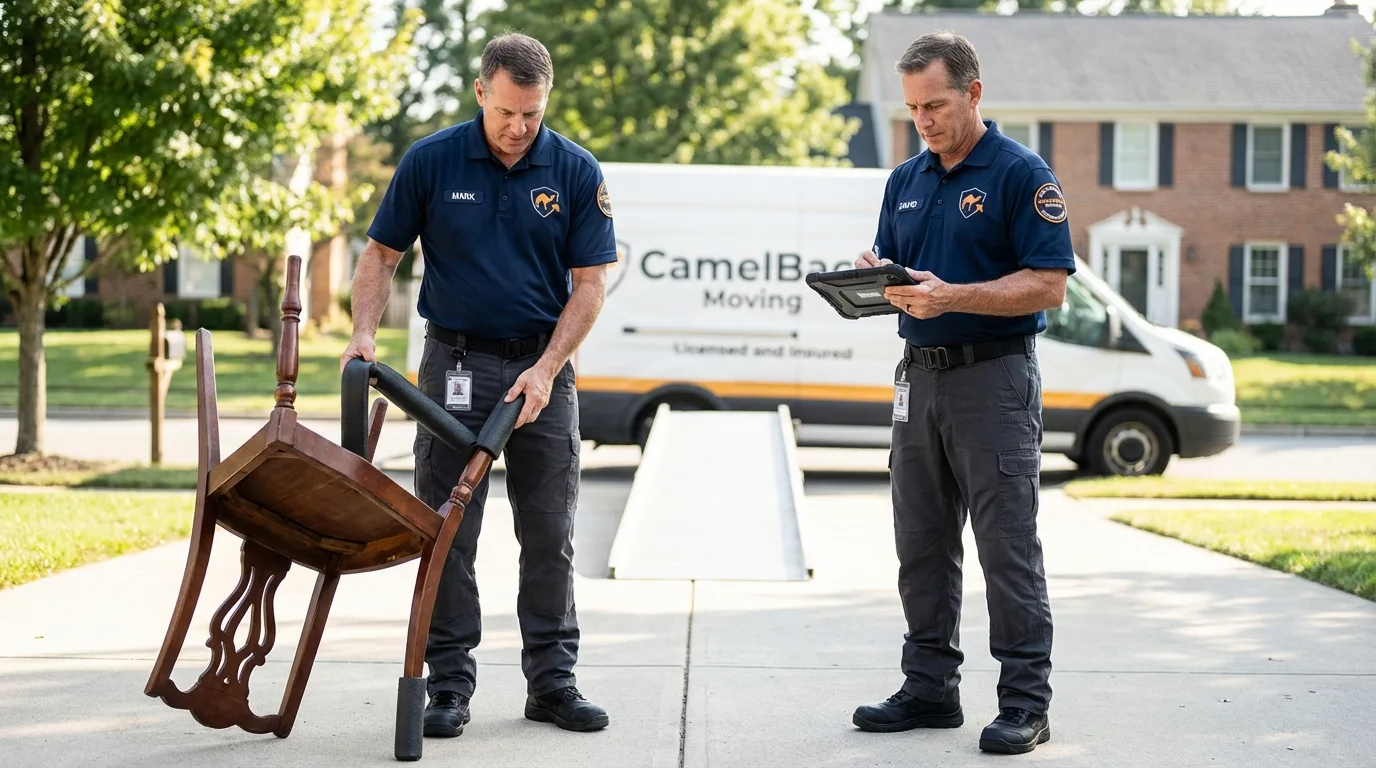Movers inspecting furniture for damage prevention before loading in Bellevue, KY