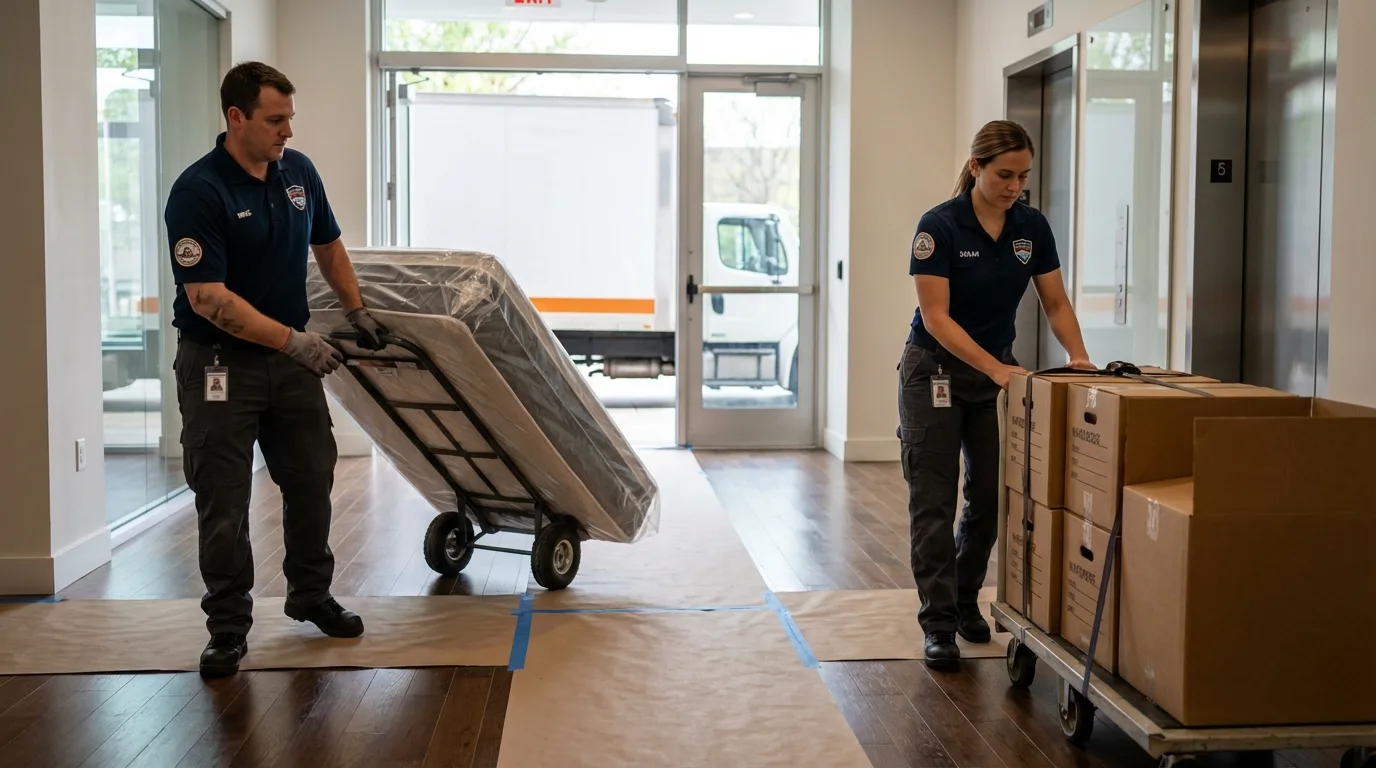 Professional apartment movers loading elevator in Bellevue, KY